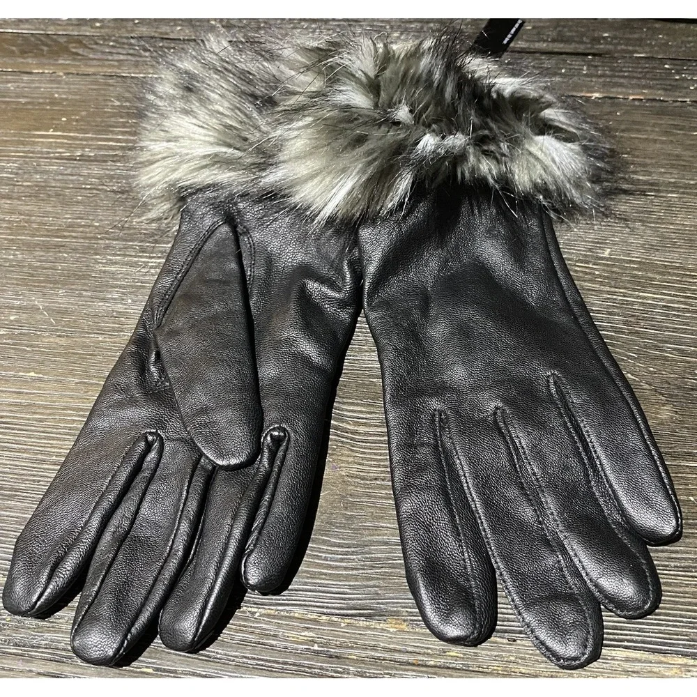 MIXIT Womens Driving Leather‎ Lined Black Gloves W/faux Fur NWT Very Nice Sz.L